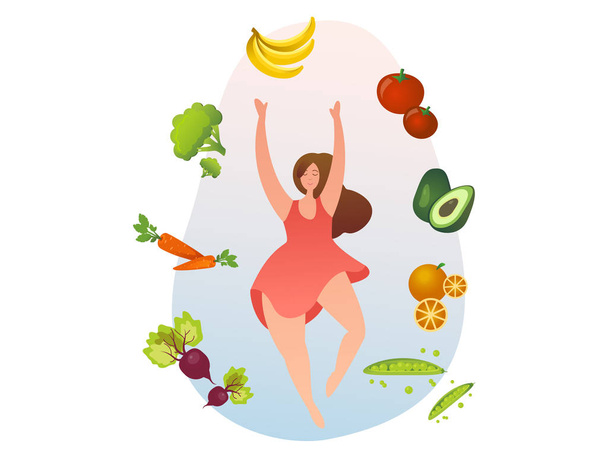 Γυναίκα με υγιεινά τρόφιμα, λαχανικά και φρούτα. - Διάνυσμα, εικόνα