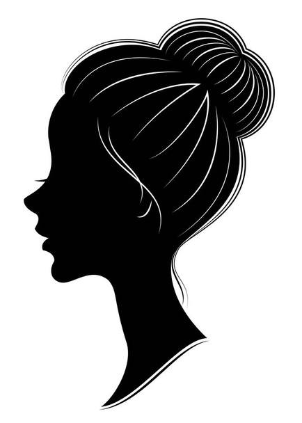 Silhouette de la tête d'une douce dame. La fille montre un faisceau de coiffure féminine sur les cheveux longs et moyens. Convient pour la publicité, logo. Illustration vectorielle
. - Vecteur, image