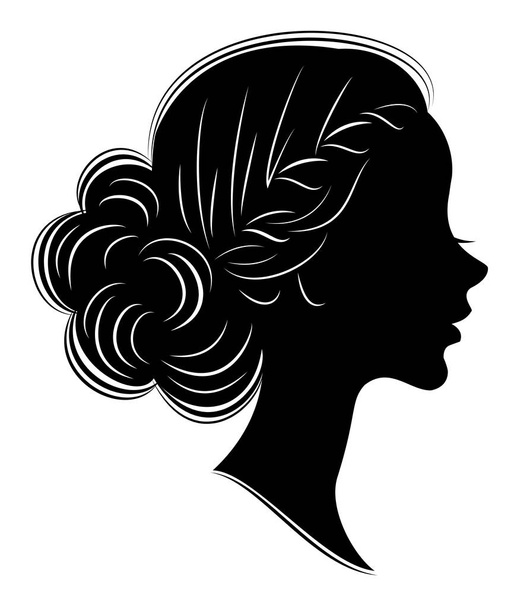 Silhouette della testa di una dolce signora. La ragazza mostra un fascio di acconciatura femminile su capelli lunghi e medi. Adatto per pubblicità, logo. Illustrazione vettoriale
. - Vettoriali, immagini