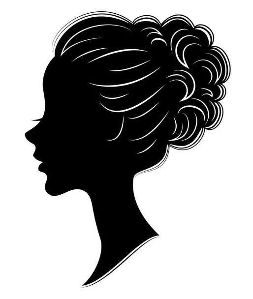 Silhouette de la tête d'une douce dame. La fille montre un faisceau de coiffure féminine sur les cheveux longs et moyens. Convient pour la publicité, logo. Illustration vectorielle
. - Vecteur, image