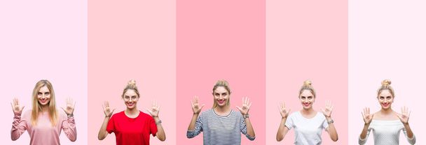 Collage von jungen schönen blonden Frau über lebendige bunte Vintage-rosa isolierten Hintergrund zeigt und zeigt mit den Fingern Nummer zehn, während lächelt zuversichtlich und glücklich. - Foto, Bild
