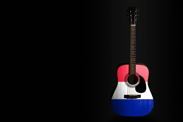 Guitarra de concierto acústico con bandera dibujada Francia, sobre un fondo oscuro, como símbolo de la creatividad nacional o canción popular
. - Foto, Imagen