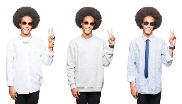 Collage eines jungen Mannes mit Afro-Haaren vor weißem Hintergrund, der lächelnd mit glücklichem Gesicht in die Kamera zwinkert und ein Siegeszeichen macht. Nummer zwei. - Foto, Bild