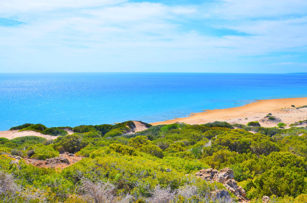 Όμορφο φόντο στην παραλία που λαμβάνεται από τους παρακείμενους λόφους στην απομακρυσμένη χερσόνησο Καρπαζ, την τουρκική βόρεια Κύπρο. Οι Κυπριακές αμμώδεις παραλίες είναι δημοφιλείς προορισμοί για καλοκαιρινές διακοπές. - Φωτογραφία, εικόνα