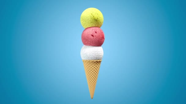 3D ice cream balls with waffle cone rotating on differents pastel background. 4k seamless loop render animation. - Footage, Video