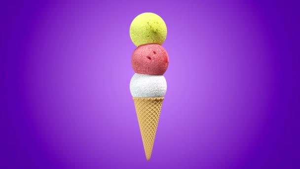 3D-Eiskugeln mit Waffelkegel, die auf unterschiedlichem Pastell-Hintergrund rotieren. 4k nahtlose Schleifenrenderanimation. - Filmmaterial, Video