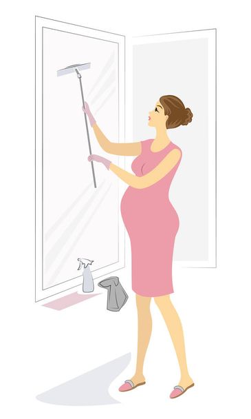 Perfil de una linda mujer embarazada. La chica lava la ventana. La mujer es una buena esposa y ama de casa ordenada. Ilustración vectorial
 - Vector, imagen