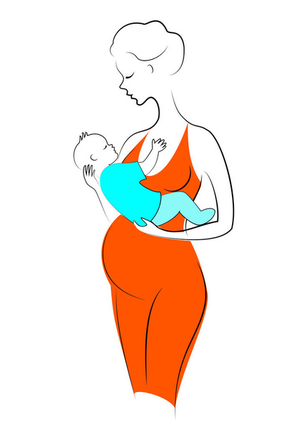 Silhouette di una signora incinta carina. Una donna tiene un bambino tra le braccia. Una madre felice ama suo figlio. Illustrazione vettoriale
 - Vettoriali, immagini