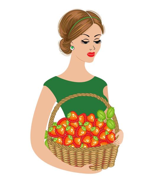 Silhouette einer jungen Dame. Ein Mädchen hält einen Korb mit einer reifen Erdbeere in der Hand. junge und schöne Frau. Vektorillustration - Vektor, Bild