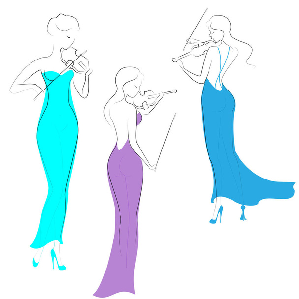Silhouettes of three beautiful ladies in evening long dresses. Girls are slim and elegant. Women play violins, they are musicians, violinists. Vector illustration - Vector, Image