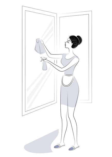 Το προφίλ μιας γλυκιάς κυρίας. Ένα κορίτσι πλένει παράθυρα. Μια γυναίκα είναι καλή σύζυγος και νοικοκυρά. Εικονογράφηση διανύσματος - Διάνυσμα, εικόνα