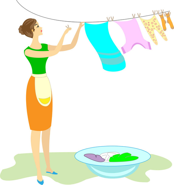 Profilja egy édes hölgy. A lány mosott ruháit, és lógott a kötelet, hogy megszáradjon. A nő szép és jó háziasszony. Vektoros illusztráció - Vektor, kép