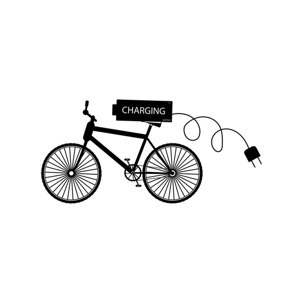 バッテリーと電気プラグシングルフェイズサイン付き黒い自転車 - ベクター画像