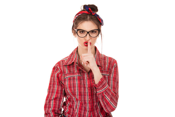 woman showing hush silence hand gesture with hand - Foto, Imagem