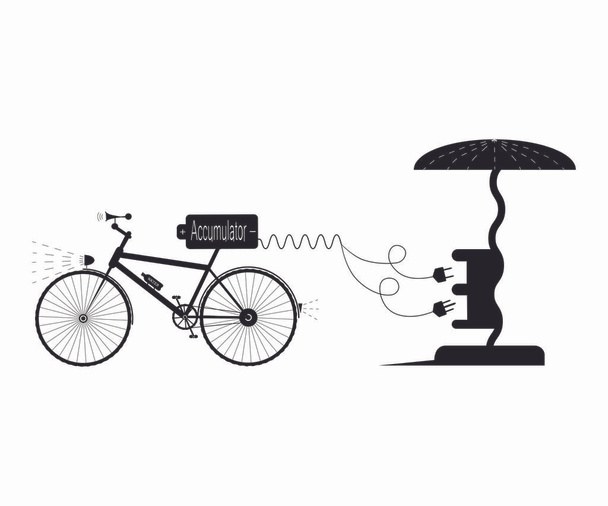 Black bicycle with two type different electrical plug and electr - Vector, Image
