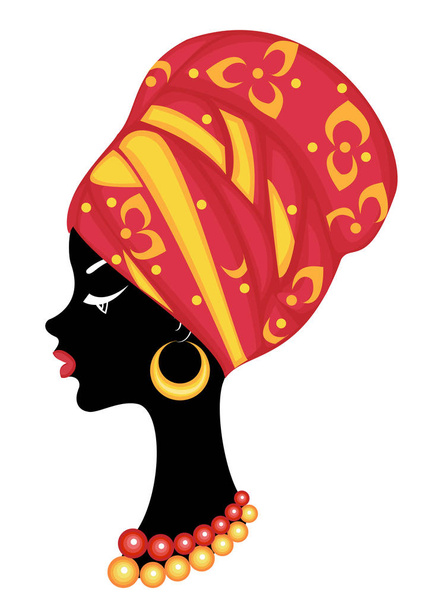 Head profile of a cute lady. On the head of an African American girl hung a bright handkerchief, turban. The woman is beautiful and stylish. Vector illustration. - Vector, Image