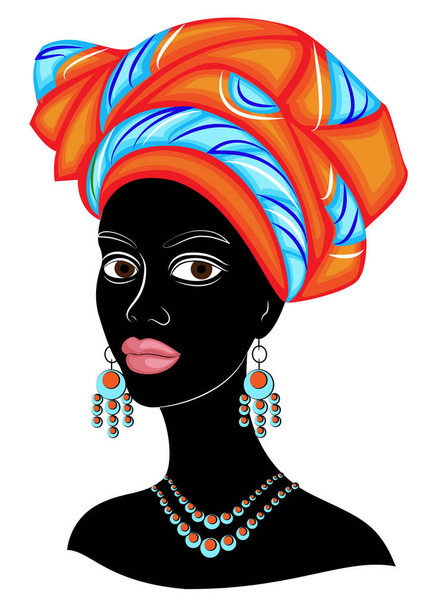 Το κεφάλι μιας ωραία κυρίας. Στο κεφάλι μιας Αφροαμερικανικής κοπέλας, κρεμόταν ένα φωτεινό μαντήλι, τουρμπάνι. Η γυναίκα είναι όμορφη και κομψή. Απεικόνιση διανυσματικών φορέων. - Διάνυσμα, εικόνα