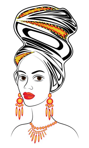 Σιλουέτα ενός κεφαλιού μιας γλυκιης κυρίας. Ένα λαμπερό Σάλι και ένα τουρμπάνι είναι δεμένα στο κεφάλι ενός Αφρο-Αμερικανού κοριτσιού. Η γυναίκα είναι όμορφη και κομψή. Απεικόνιση διανυσματικών φορέων - Διάνυσμα, εικόνα