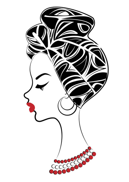 Silhouette of a head of a sweet lady. A bright shawl and a turban are tied on the head of an African-American girl. The woman is beautiful and stylish. Vector illustration - Vector, Image