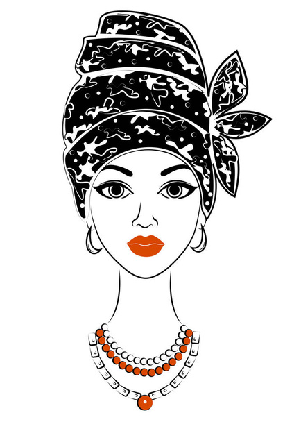 Silhouette of a head of a sweet lady. A bright shawl and a turban are tied on the head of an African-American girl. The woman is beautiful and stylish. Vector illustration - Vector, Image