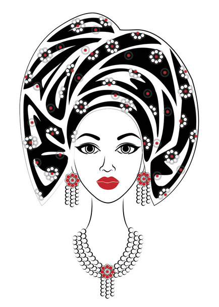 Silhouette eines Kopfes einer süßen Dame. einem afrikanisch-amerikanischen Mädchen werden ein heller Schal und ein Turban auf den Kopf gebunden. die Frau ist schön und stilvoll. Vektorillustration - Vektor, Bild