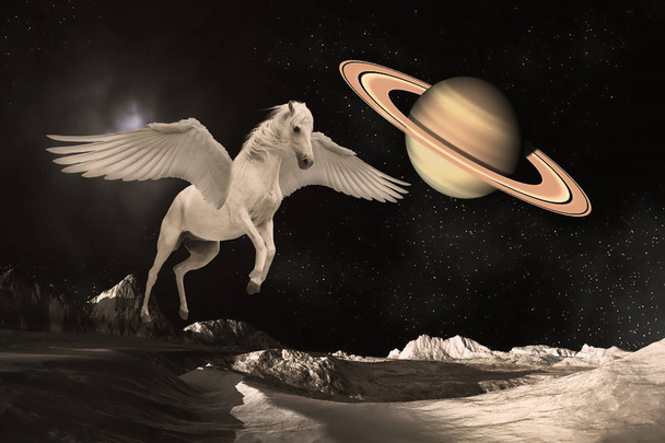 Pegaso alò leggendario cavallo bianco volare con le ali spiegate nello spazio o pianeti dell'universo
 - Foto, immagini