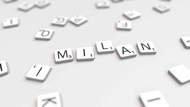 MILAN city name being composed with scrabble letters. Editorial 3D rendering - Foto, Imagem