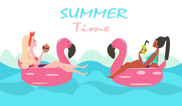 Vector of two women swimming with pink flamingo pool float  - Vektor, kép