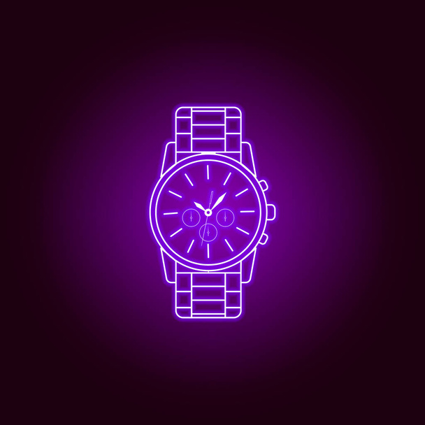 zegarek na rękę z ikoną żelaznej taśmy w neonowym stylu. Wysokiej jakości projekt graficzny. Znaki, kolekcja symboli, prosta ikona stron internetowych, projektowanie stron internetowych, aplikacja mobilna - Wektor, obraz