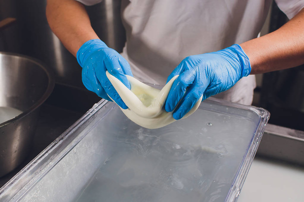 Artisan cheesemaker cuts the mozzarella with hands. - Фото, изображение
