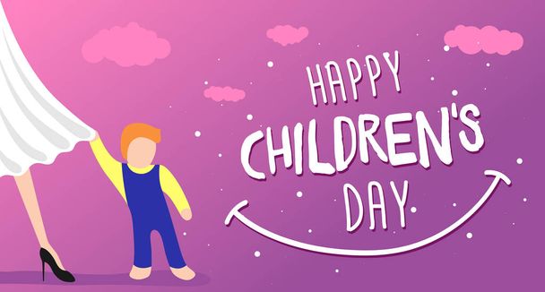 Happy Childrens Day greeting card, banner or poster. Little child clings to mom dress. World family holiday event design. Vector illustration with beautiful woman and kid - Vector, Image
