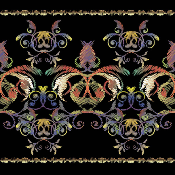 Colorful embroidery Baroque border seamless pattern. Vector orna - Vetor, Imagem