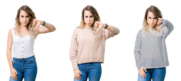 Collage of young beautiful blonde girl over isolated background looking unhappy and angry showing rejection and negative with thumbs down gesture. Bad expression. - Fotografie, Obrázek