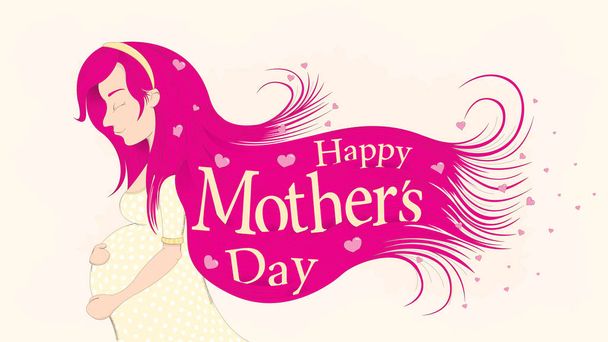 Happy Mothers Day Greeting Card. Profile drawing of pregnant woman in yellow dress and with long magenta hair adorned with hearts from where the letters come out. Vector image - Вектор,изображение
