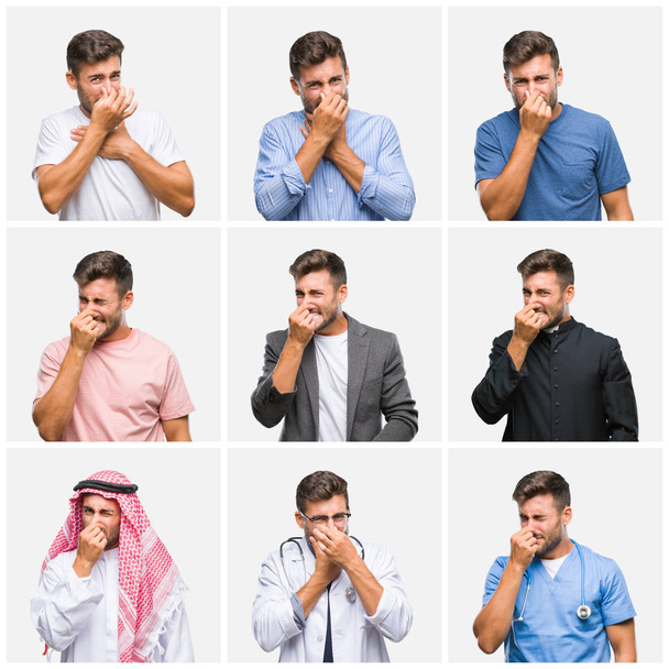 Collage junger Arzt arabischer Geschäftsmann isolierten Hintergrund riecht etwas stinkenden und ekelhaften, unerträglichen Geruch, hält den Atem mit den Fingern auf der Nase. Konzept für schlechte Gerüche. - Foto, Bild