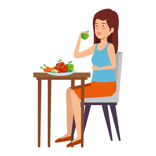 kobieta jedząca zdrową żywność w stole - Wektor, obraz