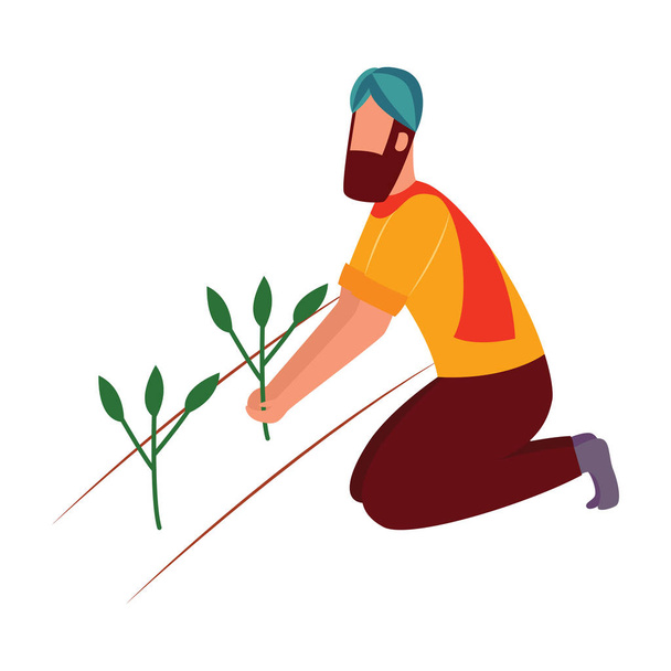 Indian farmer man kneeling and holding crop plant flat cartoon style - Wektor, obraz