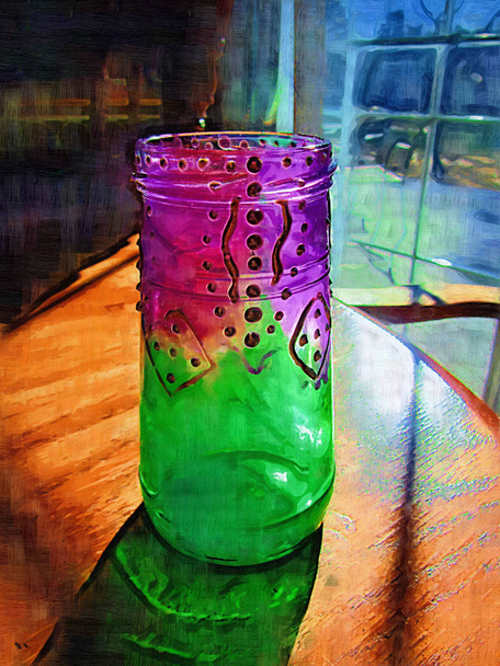 Purple and Green Hand Painted Candle Holder Jar Digitally Painted - Photo, Image