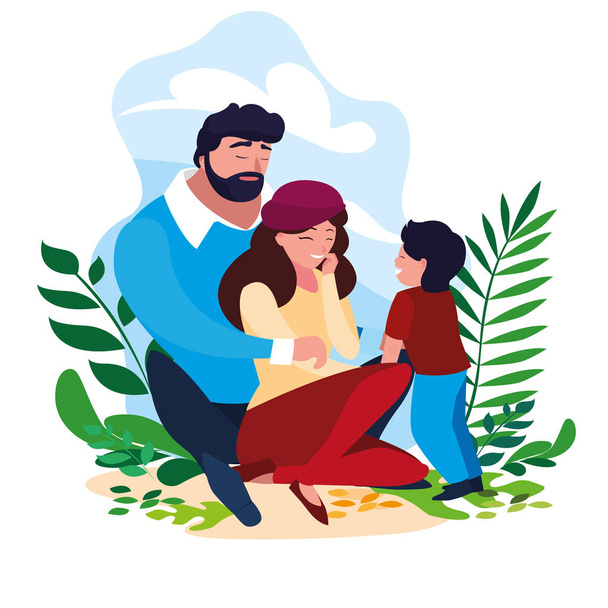parents with son family in scene natural - Vector, Image