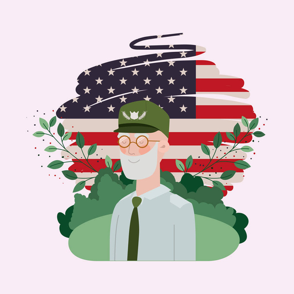 veteran military man with usa flag painted in the field - Vector, Image