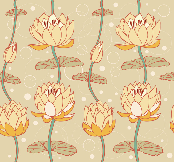 Lotus bright background. Floral pattern with water lilies. Seamless cute backdrop can be used for greeting cards, arts, wallpapers, web pages, surface texture, clothes, prints - Вектор,изображение