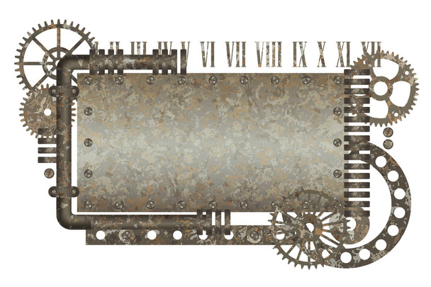 Metallic rusty frame with vintage machine gears and arabic numbers - Vector, Image