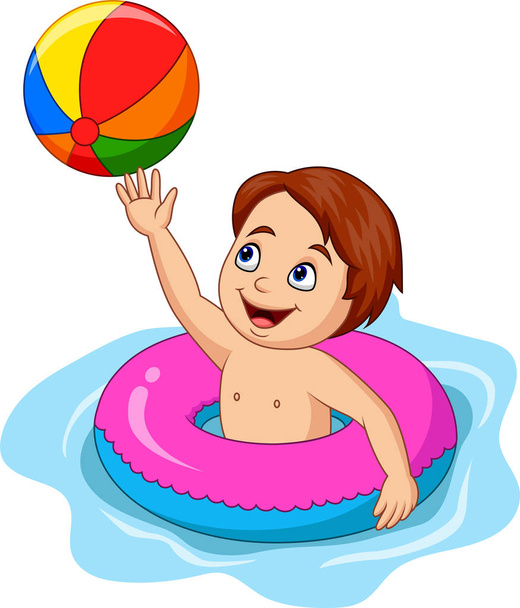 Ilustração do vetor do menino dos desenhos animados que joga o círculo inflável com uma bola da praia
 - Vetor, Imagem