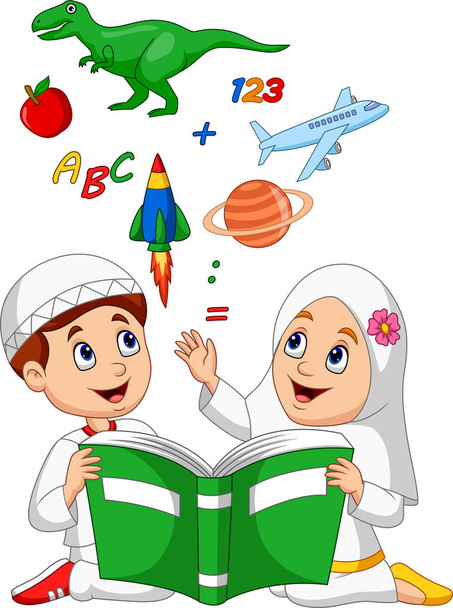 Vector illustration of Cartoon Muslim kids reading book education concept - Vector, Image