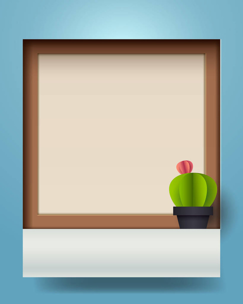 Template of window and cactus shape on blue background, paper ar - Vektor, obrázek
