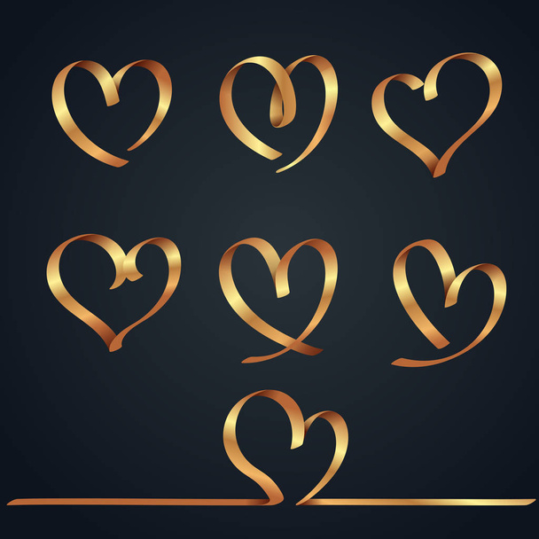 Element of heart gold ribbon for valentine's day - Vector, afbeelding