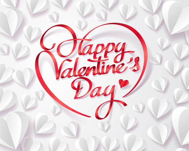 rote Schleife des glücklichen Valentinstages mit weißem Herzen, Papierkunst - Vektor, Bild