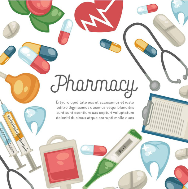 Treatment and healthcare pharmacy pills and syringe therapy and dentistry vector capsule and enema heart rate and stethoscope thermometer and tooth implant prescription medicine and medication. - Vector, Image