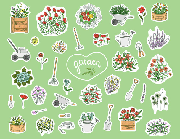 Vector set van gekleurde stickers met tuingereedschap, bloemen, kruiden - Vector, afbeelding