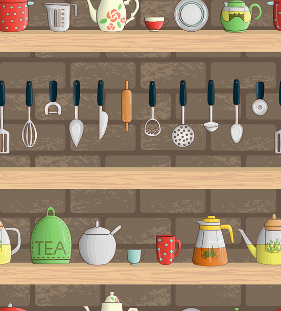 Векторный бесшовный рисунок цветных кухонных инструментов на полках
 - Вектор,изображение